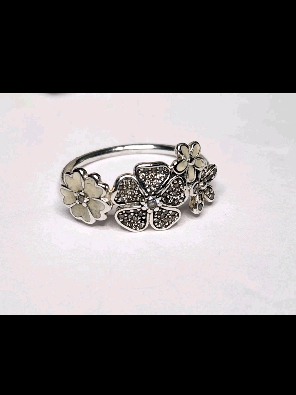 Pandora Sterling Silver .925 ALE Sparkling Daisies Ring Size 7.5 Enamel & CZs